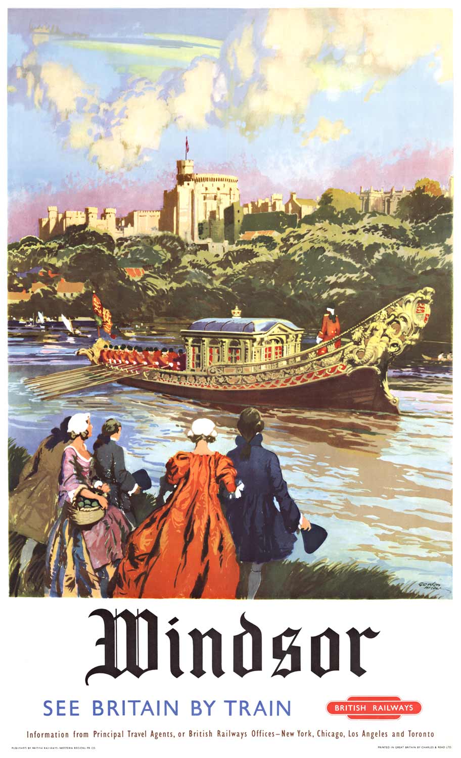 Originial linen backed British Railways antique travel poster. This poster produced for British Railways (Western Region) showing a royal barge on the River Thames at Windsor in Berkshire. In the foreground are people in restoration costume, with Windso