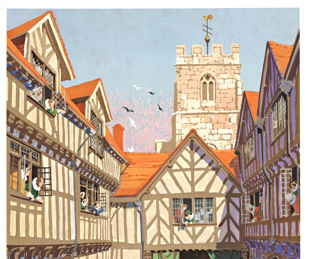 Old city of Stratford upon Avon, British railroad poster, linen backed, excellent condition. Shakespear