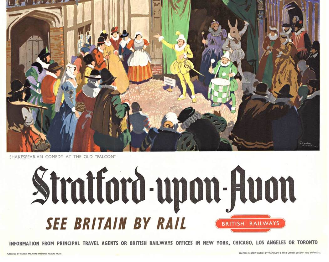 Old city of Stratford upon Avon, British railroad poster, linen backed, excellent condition. Shakespear