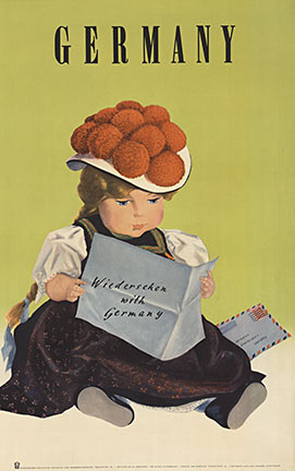 visit Germany poster, little girl with a leter, travel poster, linen backed, fine condition.