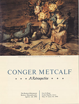 Summer Concert Coe College, Conger Metcalf Collection. Gift of William and Gayle Wipple, 1980. Conger Metcalf *** A Retrospective **** <br> <br>The image on the top of this exhibition poster features a girl with a mandolin sitting next to a large bouqu