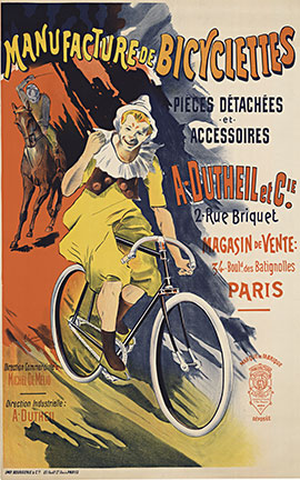 Manufacture de Bicyclettes; original turn of the century antique vintage French stone lithograph. Artist: L. Corrois.. Size 25 1/2 x 39 7/8 in./64.7 x 101.2 cm <br> <br>Manufacture de Bicyclettes - A. Dutheil & Cie., Printed by Courgerie & Cie; Paris