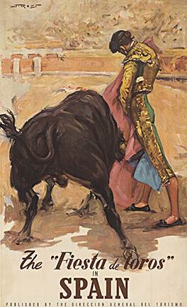 Original linen backed The "Fiesta de toros' in Spain. Published by the Direccion General del Turismo. Printed in Spain. <br>Juan Reus Parra was born in 1912 in Valencia, where he became a well-known painter, draftsman and graphic designer of bullfighti