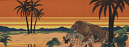mouse and lion, horizontal, palm trees