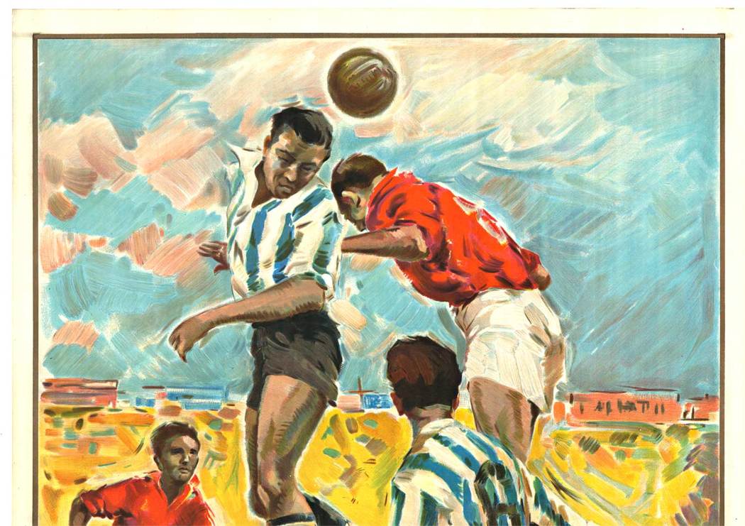 Original linen backed soccer poster without writing. Printed in Spain, excellent condition. Archival linen backed, ready to frame. <br> <br>The poster features two members from each team as they are bouncing the ball off their head. Original lithog