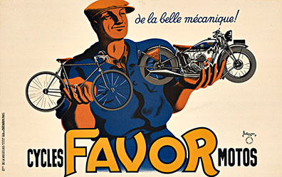 Original, linen backed, horizontal format: CYCLES FAVOR MOTOS. This original 1937 poster was printed as a stone lithograph in both a large format and a small format size. The one listed here is the smaller version lithograph. <br>Excellent condition