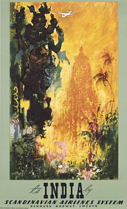 Original SAS India vintage European travel poster created by Otto Neilsen. candinavian Airline System (S.A.S.) <br> <br>Here Nielsen depicts a beautiful jungle scene set against the famous Hampi Temple found in the ruin city of Kamataka. The Hindu goddes