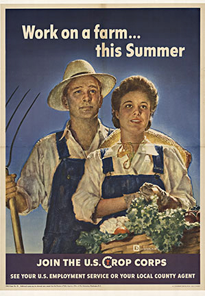 World War ii poster, WWII poster, work on a farm, farmer and his wife, pitch fork, basket of plenty, framing, propaganda poster, original poster, authentic poster