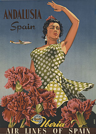 woman, carnation flowers, constellation aircraft, linen backed original travel poster
