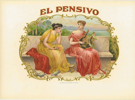 Anonymous Artists - El Pensivo original cigar box label - embossed lithograph - 6 x 9"