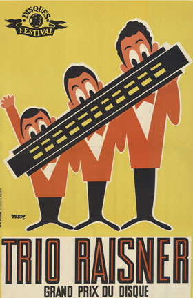 Original vintage poster: Trio Raisner. Artist: Dropy. Size: 30" 45". Year: c. 1950's <br> <br>An original vintage poster for a music festival featuring the French harmonica ensemble, Trio Raisner. Harmonica Rock 'N' Roll. <br>An eye catching pro