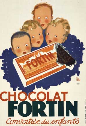Original linen backed Chocolat Fortin created by the artist Paul Igert in 1934. This lithograph freatures four children as they look at a large bar of Fortin chocolate. Chocolat Fortin - convoitise des enfants - the desire of children! Linen backed