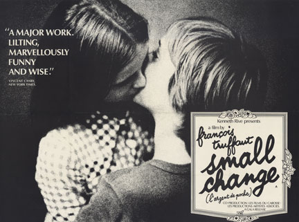 Two young kids kissing on a poster for the movie Small Change.