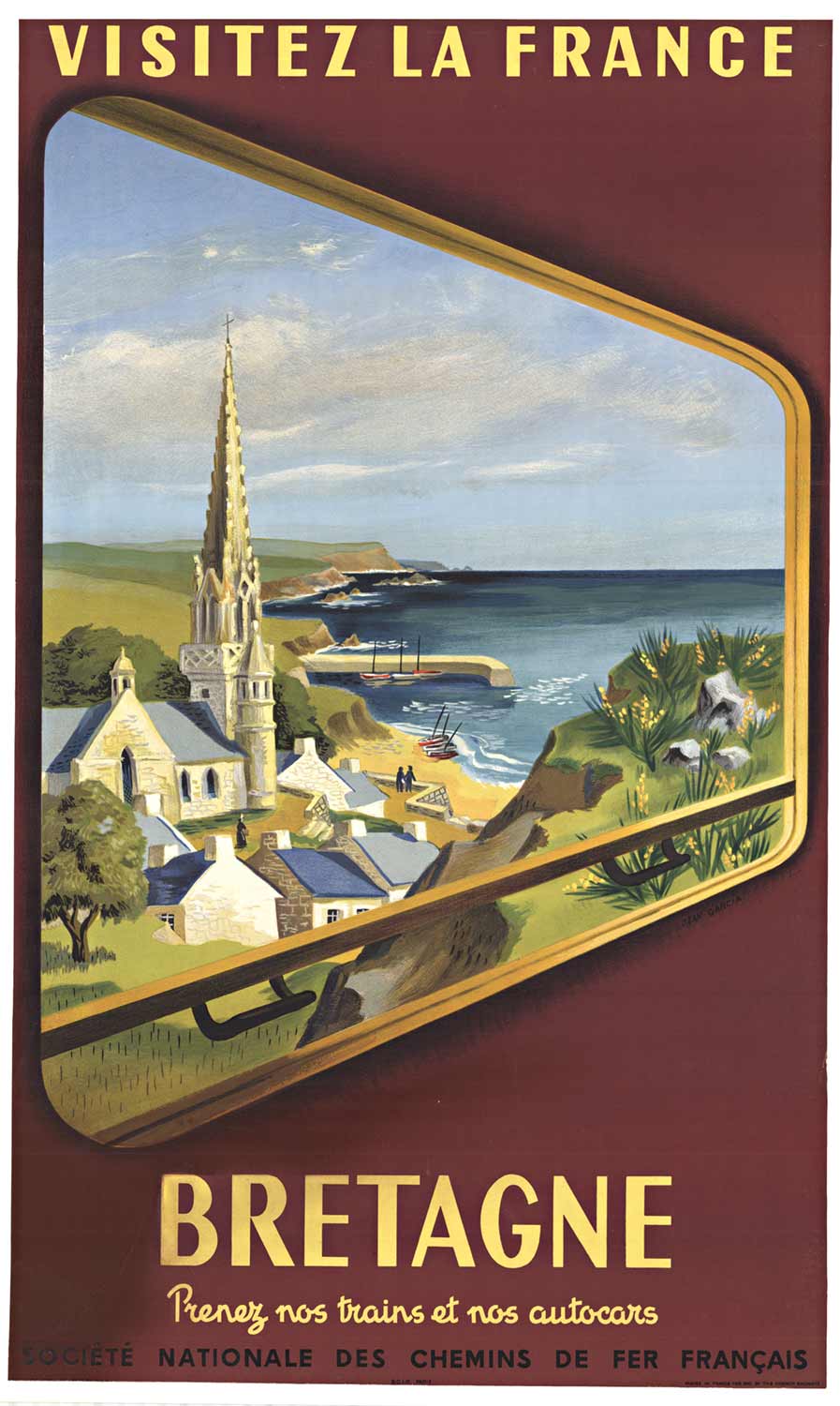 You are looking out the window of a train going through Bretagne along the coastline. Linen backed original poster.