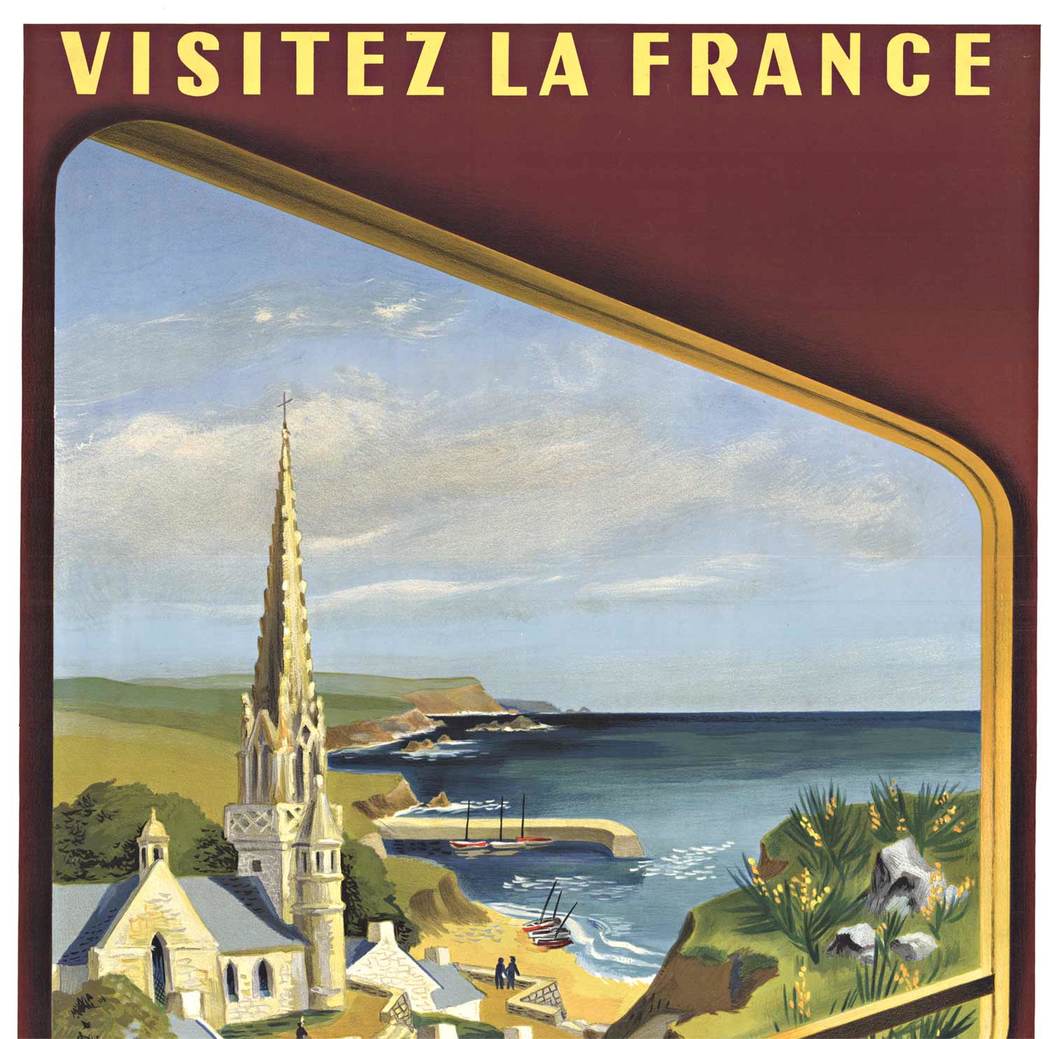 You are looking out the window of a train going through Bretagne along the coastline. Linen backed original poster.