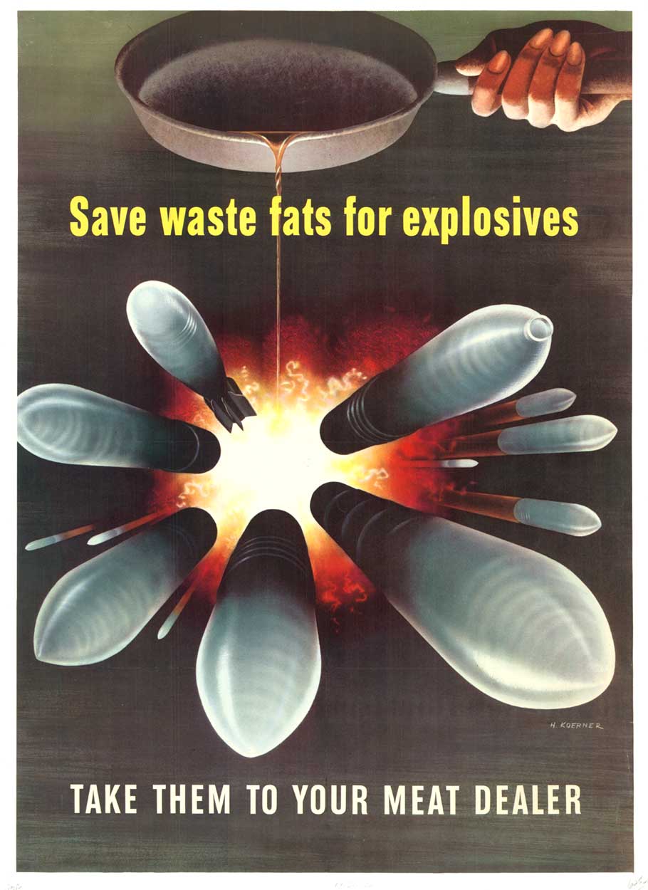 The Original "Save Waste Fats for Explosives, Take Them to Your Meat Dealer" World War II USA military poster is a rare and valuable piece of history. This poster, professionally linen backed and in excellent condition, features a powerful image of a woma