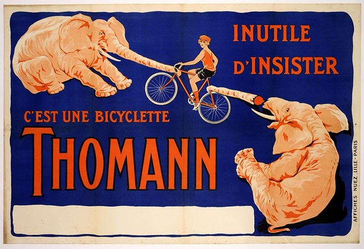 Original Thomann Bicycle Poster, horizontal format French stone lithograph; c. 1930; ssize: 41" x 31.75". Acid free archival linen backed and ready to frame. <br> <br>Original, horizontal linen backed Thomann bicycles advertising poster, <br>Two elepha