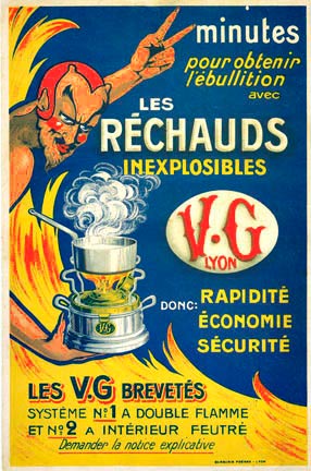 Les Rechauds, Original Vintage Poster, art nouveau, cooking stove, devil, Belle Epoque, fuel, turn of the century, blue yellow and red