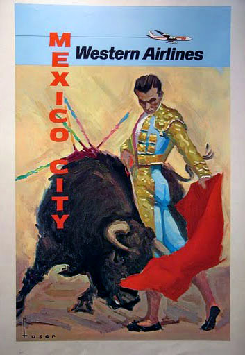 Bull fighting poster for Western Airlines. Linen backed, original poster