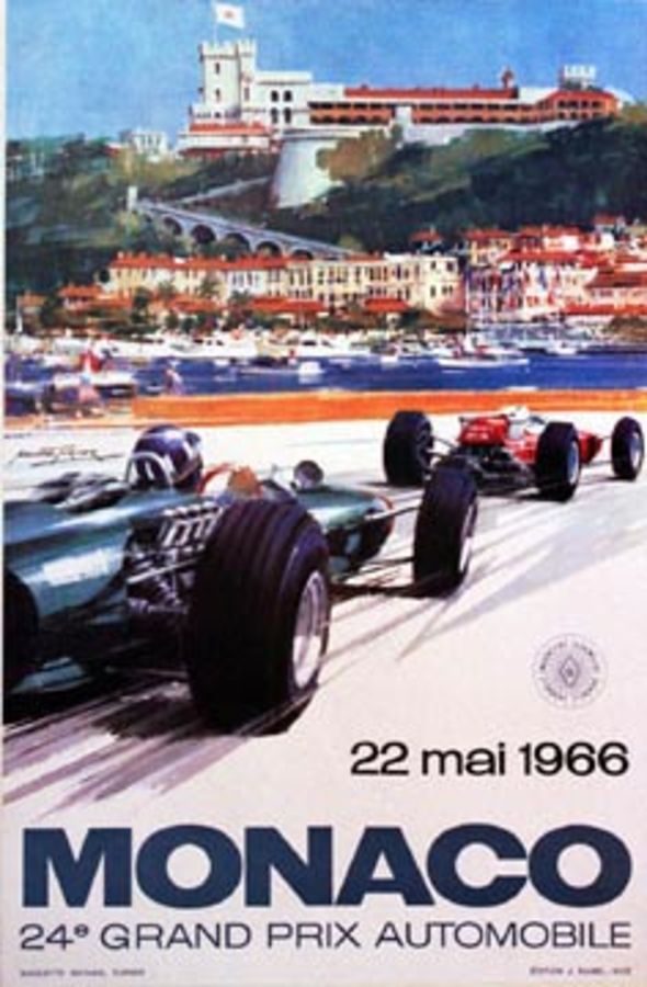 Monaco 24th Grand Prix Automobile. <br>1966 Later original printing. Artist: Michael Turner. <br>Excellent condition, ready to frame. <br>The 1966 Monaco poster has the Monte Carlo 1866-1966 seal on the lower right.