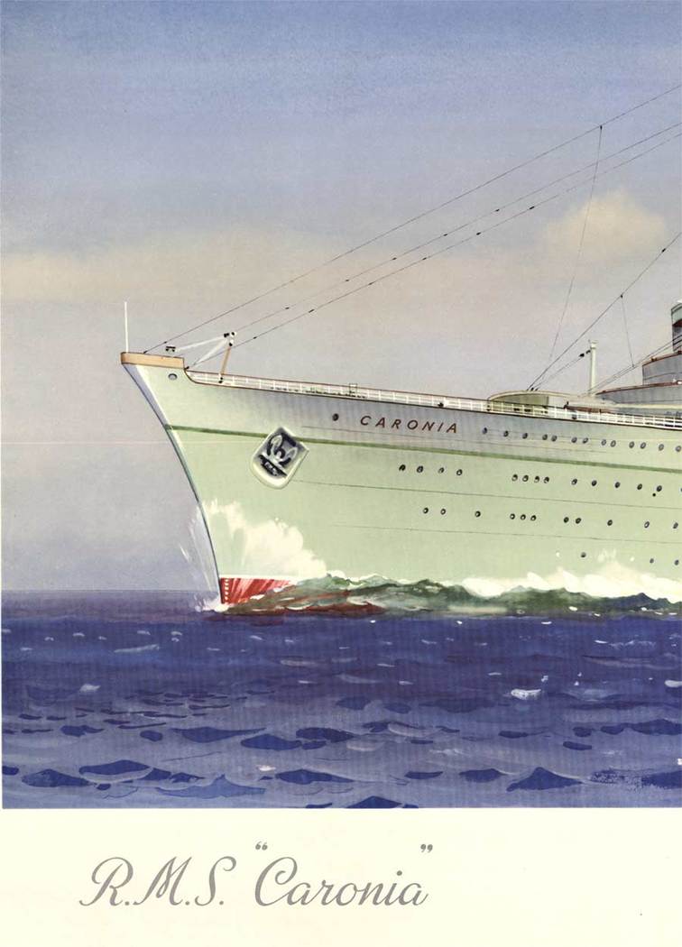C. E. Turner, R. S. M. Caronia Cunard Line, Orginal Vintage Print, Lithograph, Mint Green Ship, Ocean, Cunard Line, Ocean Liner, Travel, Green Goddess, Cunard White Star, England, Princess Elizabeth