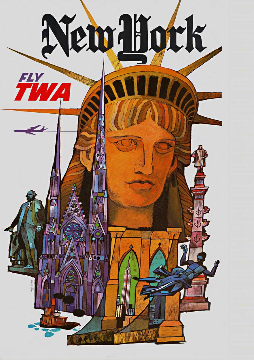 For Destination New York, Klein creates a stacked perspective of some of the city’s best-known sights, piling landmark upon landmark – St. Patrick’s Cathedral, Rockefeller Plaza’s Prometheus et al. – then crowning them with a bust of Lady Liberty, and th