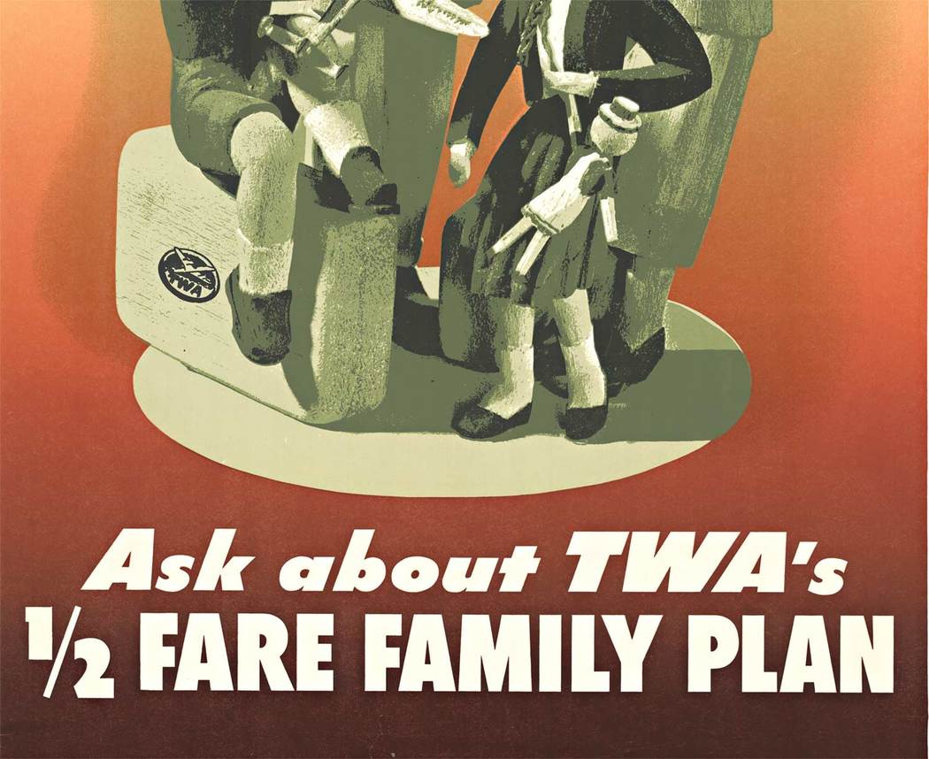 very early Fly TWA travel poster, wooden puppet figures as TWA fliers, linen backed, original, fine condition.