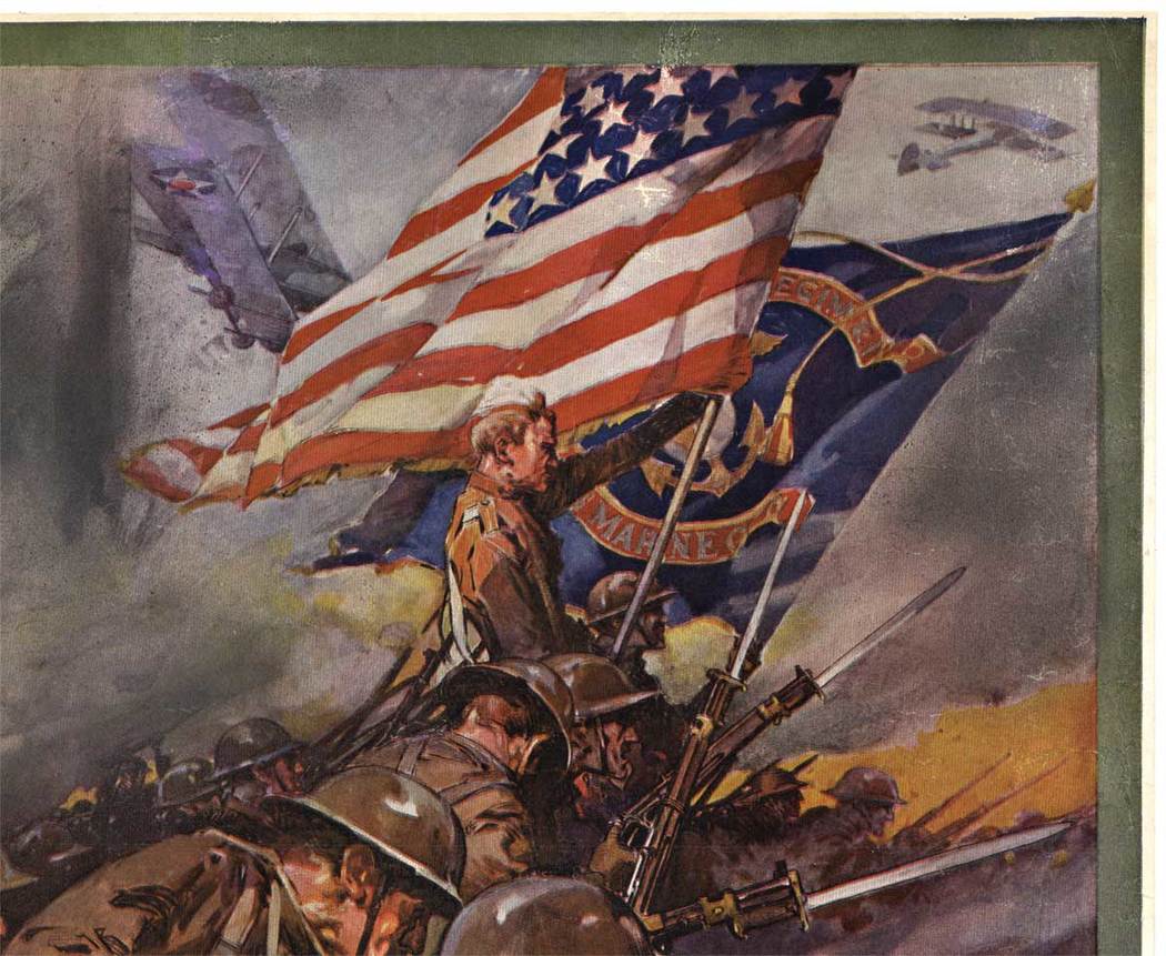 war poster, marines, us flag, soldiers, blood, red cross, horizontal poser, ww1, original poster,