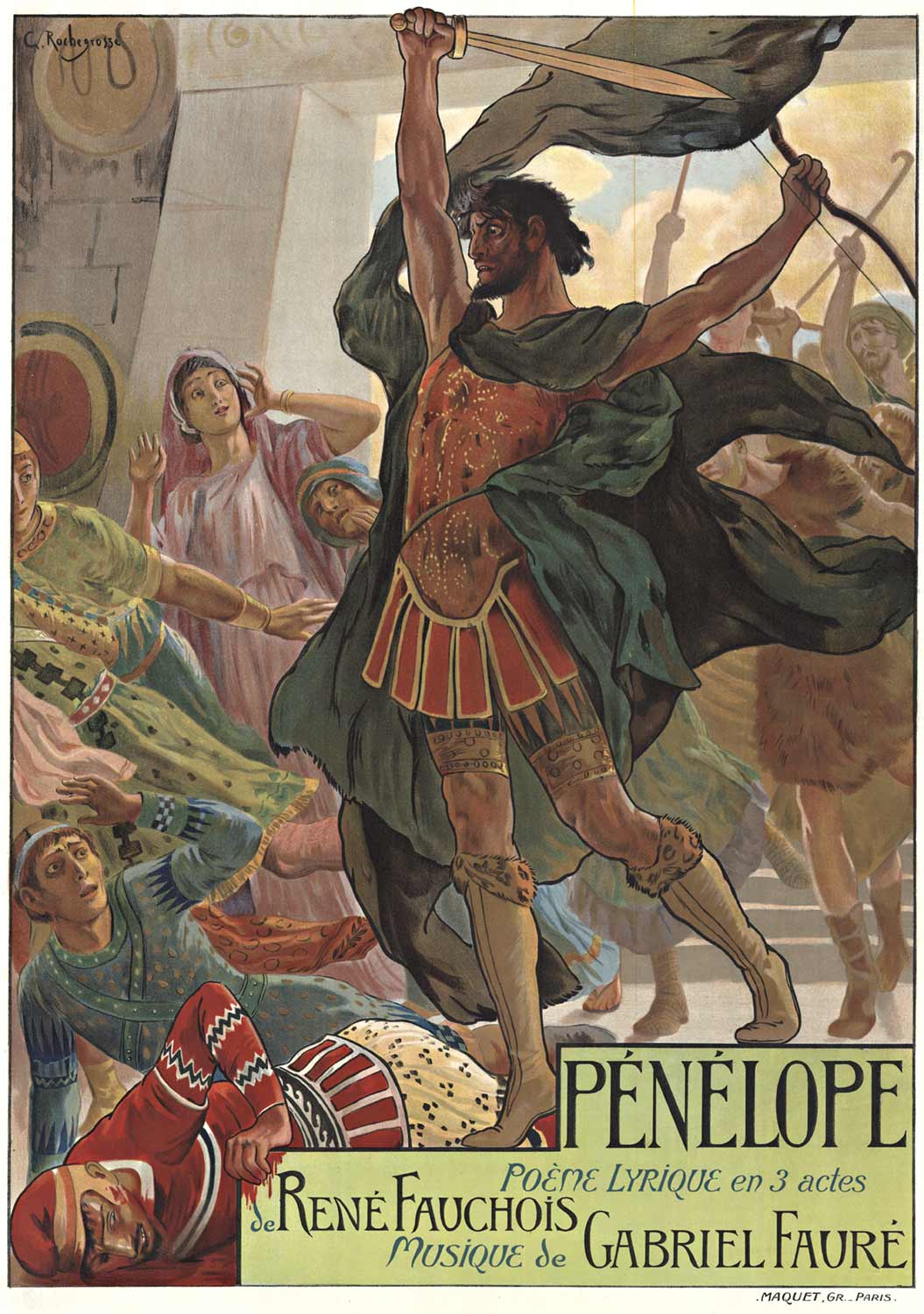 Original linen backed mint condition stone lithograph opera poster for Penelope. Done in 1913 by the great lithographer Georges Rochengrosse who created several opera posters at the turn of the century. Imprimerie Maquet, Paris. Penelope is a 1913 o
