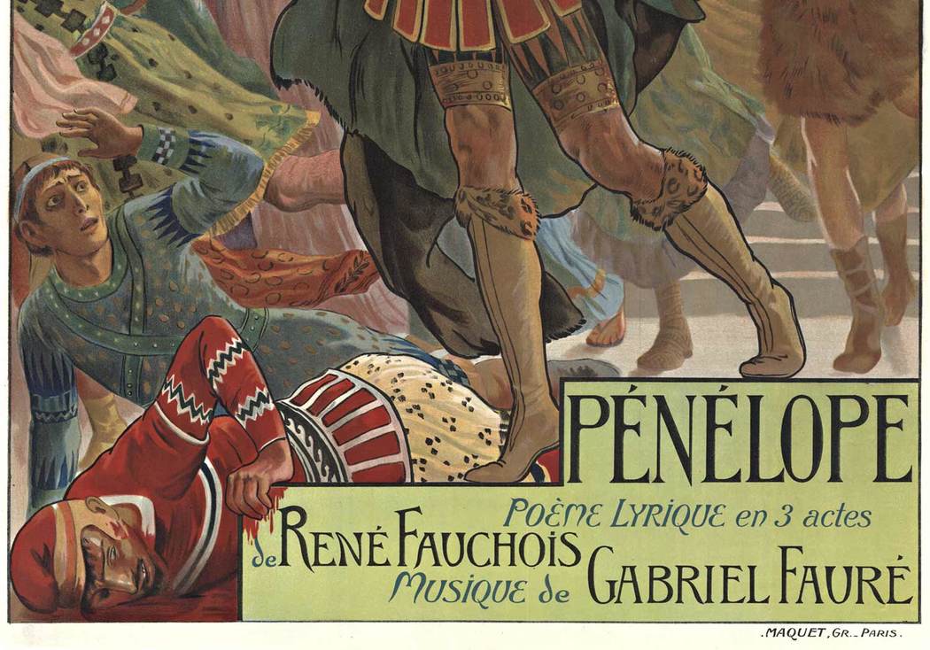 Original linen backed mint condition stone lithograph opera poster for Penelope. Done in 1913 by the great lithographer Georges Rochengrosse who created several opera posters at the turn of the century. Imprimerie Maquet, Paris. Penelope is a 1913 o