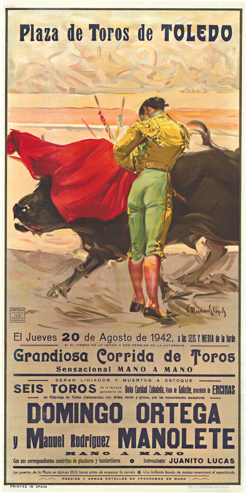 Travel and bullfighting posters printed during World War II are scarce and almost impossible to find. In this event, Manuel Manolete was performing, making it more exceptional. This incredible 1942 World War 2 time frame bullfighting poster is for the