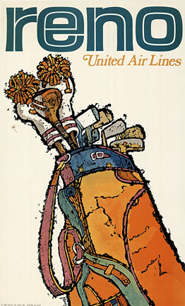 Original linen backed travel poster "RENO United Air Lines". This vintage poster features a set of golf clubs and bag. The #1 and # 3 have a tasseled head cover. Bright and vibrant, this vintage poster is an excellent idea for any golfer. Certifi