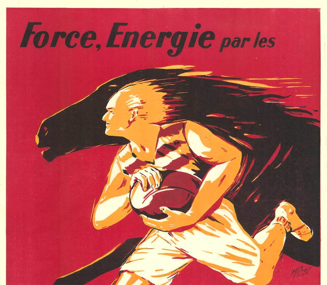 . We love this poster's depth of color, texture, and oomph - powerful and very, very Art Deco. This poster is an original Art Deco lithograph. This poster is related more to sports and running than food, but it is food that provides the energy. <br> <b