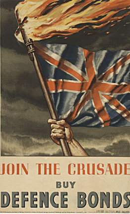 Join the Crusade buy Defence Bonds. Linen backed original war poster that shows a torch burning in the crusade above the British Flag. W.F.P #103. Issued by the National Savings Committe, London, the Scottish Savings Committe, Edinburgh and the Ul