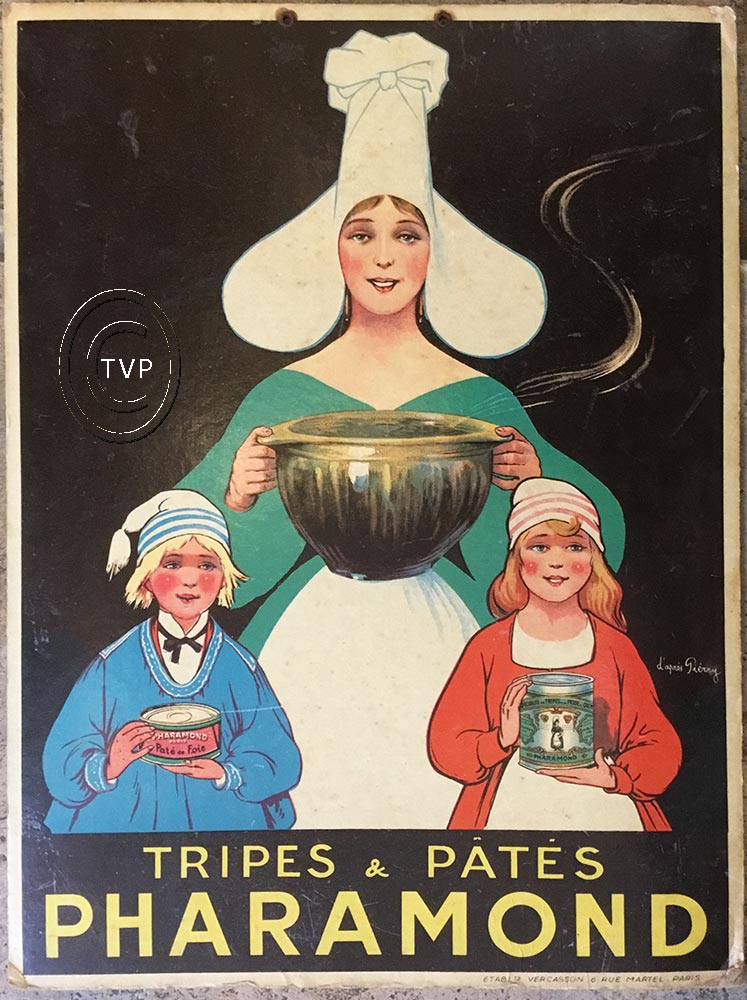 3 people,holding a food pot, old design, tripe