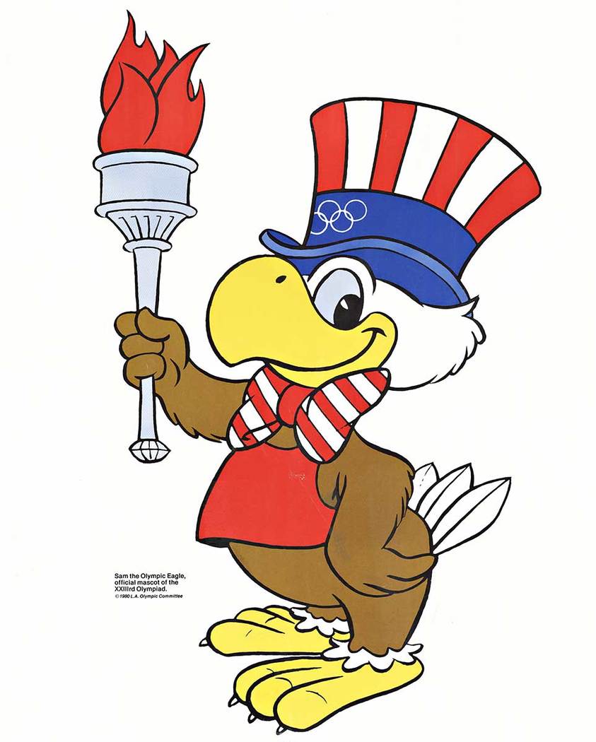 Linen backed poster with "Sam the Olympic Eagle" holding the Olympic torch for the 1984 XXIII rd Olympica Los Angles. The poster sponsored by Buick. Excelllent condition original L.A. Olympics poster. Created in 1980 for the 1984 World Olympics. 