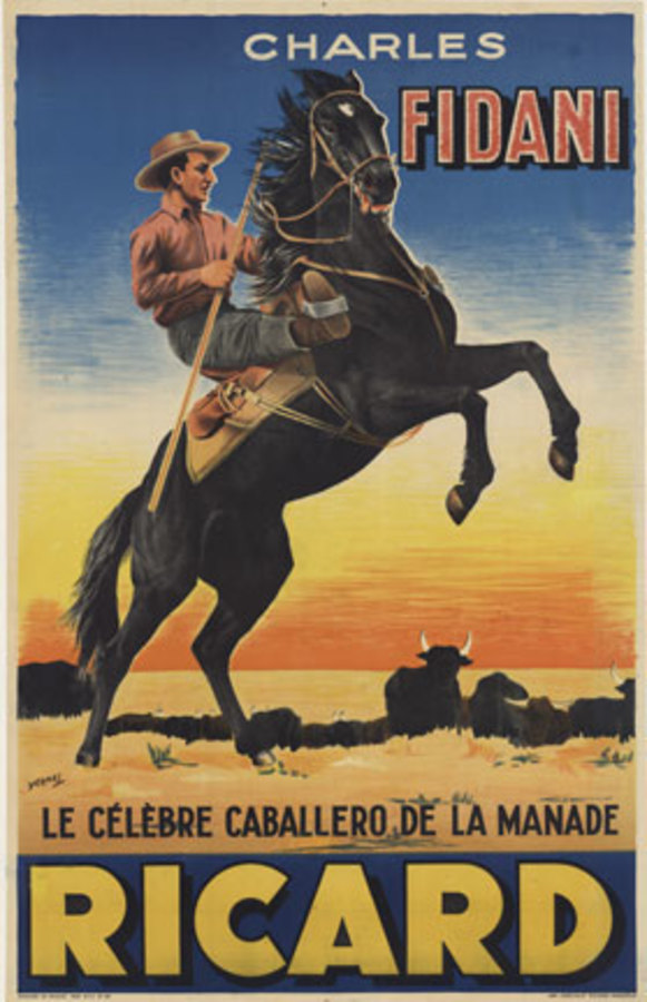 Original Charles Fidani Ricard vintage French lithographic poster. <br>Le célèbre caballero de la manade. Fidani was known as a famous bullfighter. Shown on a black horse in front of a heard of cattle in this Ricard liquor poster Archivail linen b