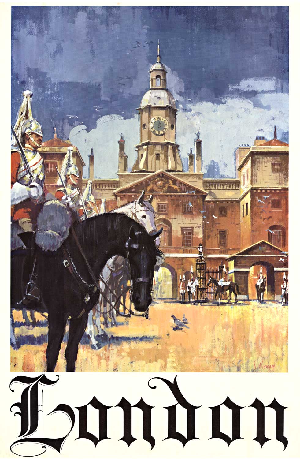 guard on horse, London, city square, Royal guards, linen backed, original poster, travel London