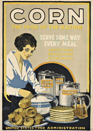woman with corn, corn meal, grits, hominy, cooking, war poster, linen backed original.