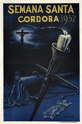 image of a candle, cross, family shield, dark background, Easter, Semana Santa origiinal poster, linen backed, fine condition.