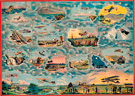 Aircraft Board Game, Anonymous Artist. Size: 22.5" x 31". Year: c. 1912. Turn of the century original horizontal. <br> <br>Rare original French chromo lithograph image that could have been created for a children's board game that shows a variety o