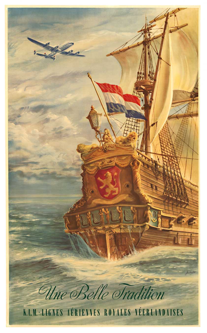 KLM airlines, old sailing ship, constellation aircraft, original poster, good condition, flying dutchman