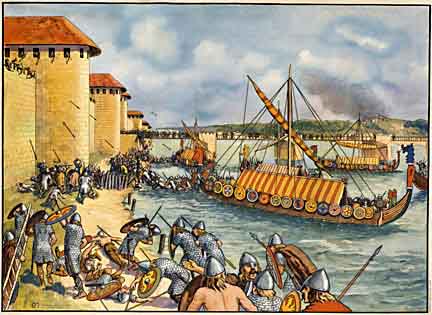 horizontal battle of soldiers in armor, castle wars, ships, spears, arrow, linen backed.