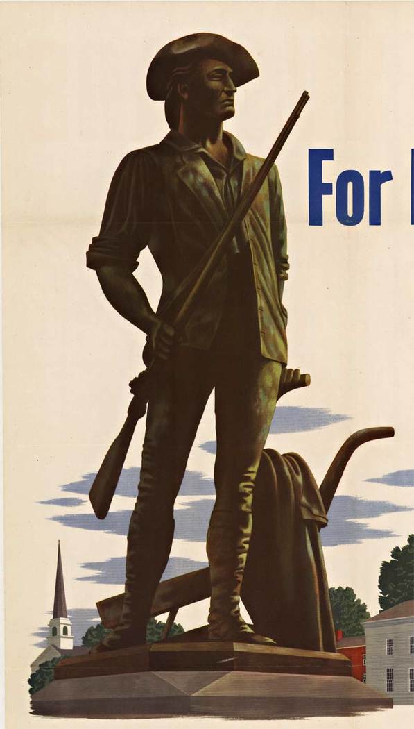 world war II poster, original poster, military poster, buy war bonds, linen backed 1943 poster, American poster, minuteman, colonial scene