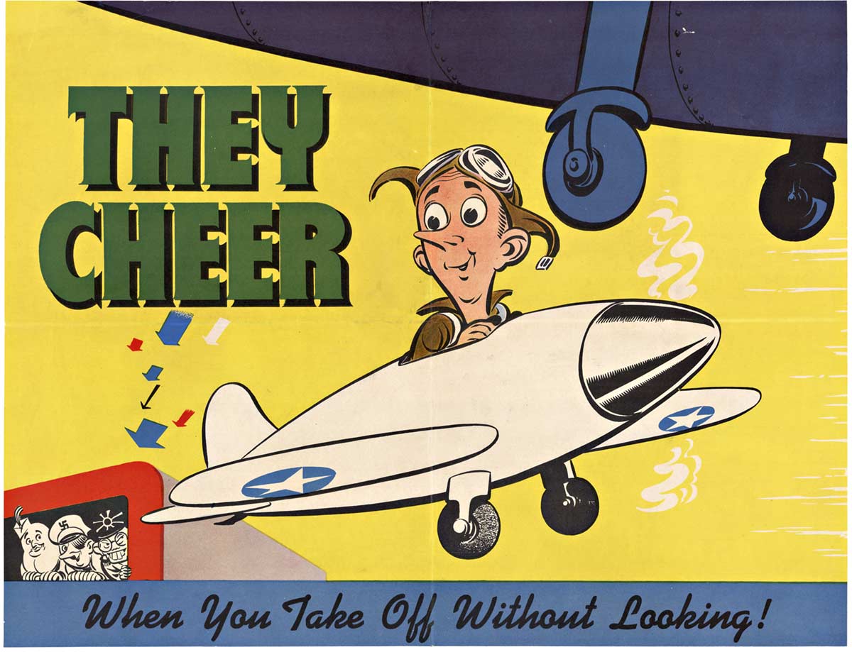 horizontal poster, man sitting in a plane. Airplane is over his head, flight school, original WWII poster
