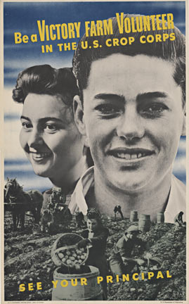 young man and girl, farmers, victory garden, war poster, original linen backed.
