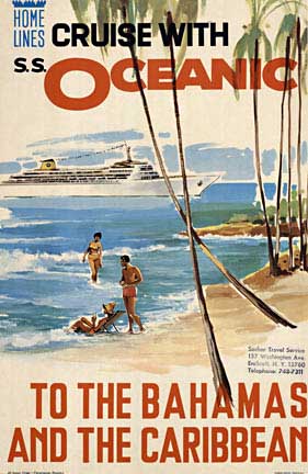 Ocean linen in background, 3 people on the beah, surf and sand, palm trees, linen backed, fine condition, original poster
