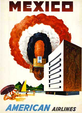 Linen backed MEXICO American Airlines original vintage poster. The artwork is bright and bold. The centerpiece is a man in traditional headdress. A modern building stand to his right in contrast, yet with a huge Mayan glyph on it's side. Underneath are 