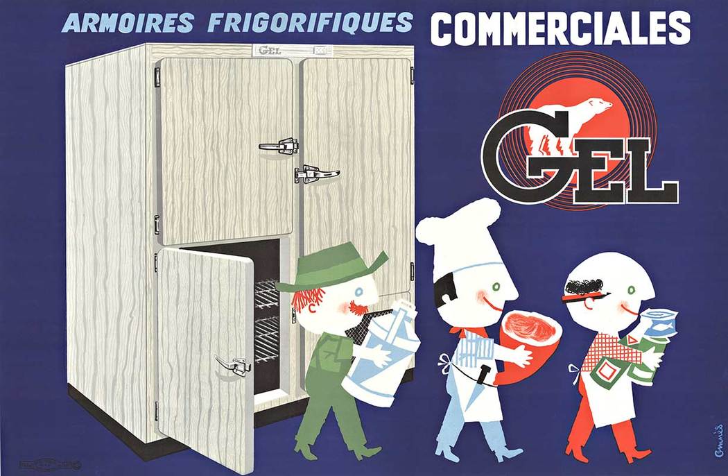 Original horizontal medium format antique vintage poster for your kitchen. Armoires Frigorifique Commerciales GEL refrigerator poster. Archival linen backing and in excellent condition. <br> <br>This fun original antique French lithograph features 3