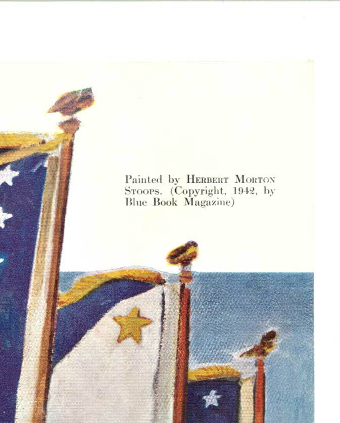 From the painting by Herbert Morton Stoops. U.S. soldiers from different eras carry flags: Don't Tread on Me, Civil War flag, fifteen striped flag of 1812, flag of 1898 with forty five stars, and the flag of the World War two era. "United We Stand!
